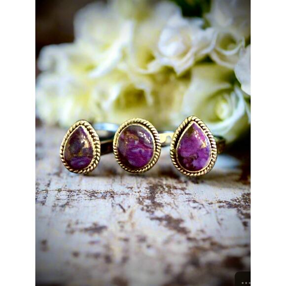 Unique Purple Copper Turquoise Double Finger Teardrop Sterling Silver Ring 8-9 - Picture 2 of 4